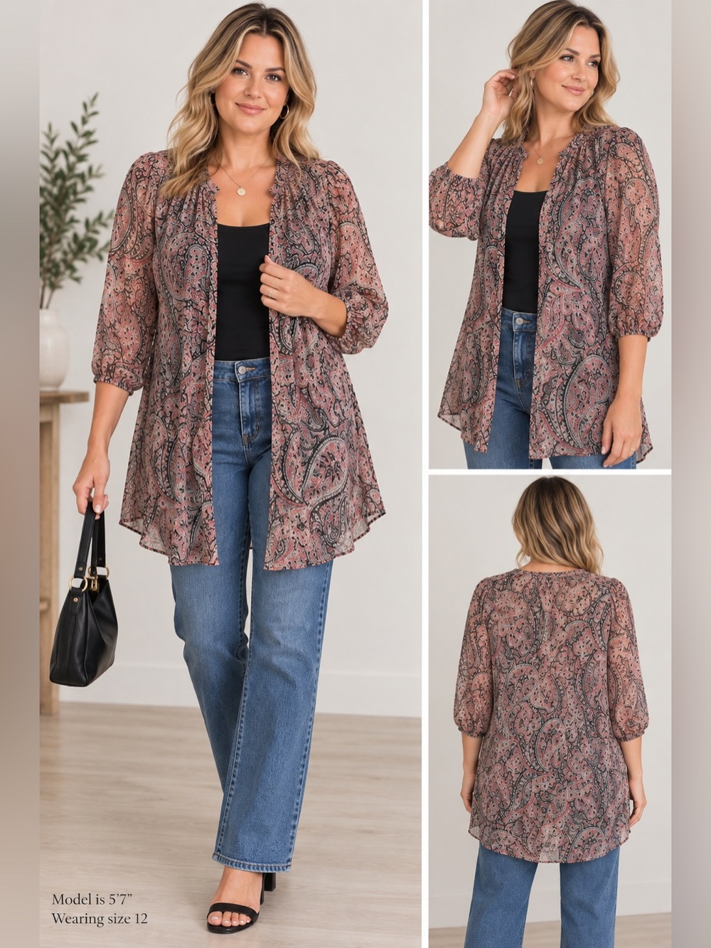 Liz Claiborne Pink and Black Paisley Sheer top
